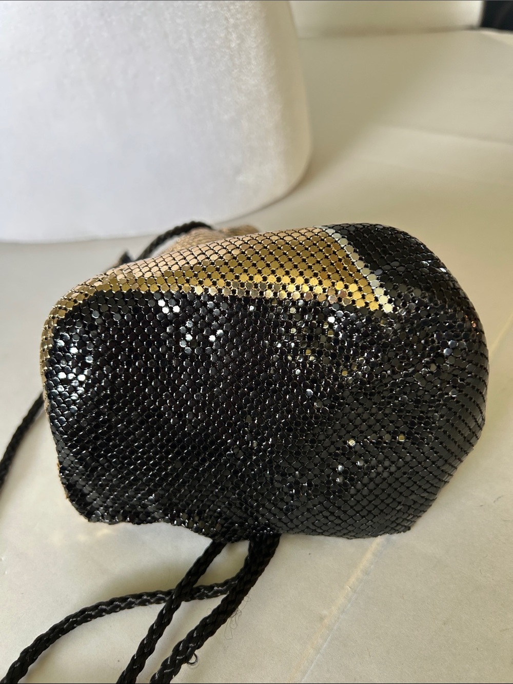 CREATIVE DESIGNS GOLD BLACK METAL MESH DRAWSTRING POUCH OR MINI BUCKET BAG - Picture 6 of 12